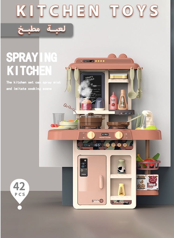 42 Pcs Kitchen Playset Kitchen Toys with Realistic Lights and Sounds Simulation of Spray and Play Sink Kitchen Play Set Toy,Cooking Set Fruit Vegetable Tea Playset, With Water Tap Light , Spray And Sound  - Image 1