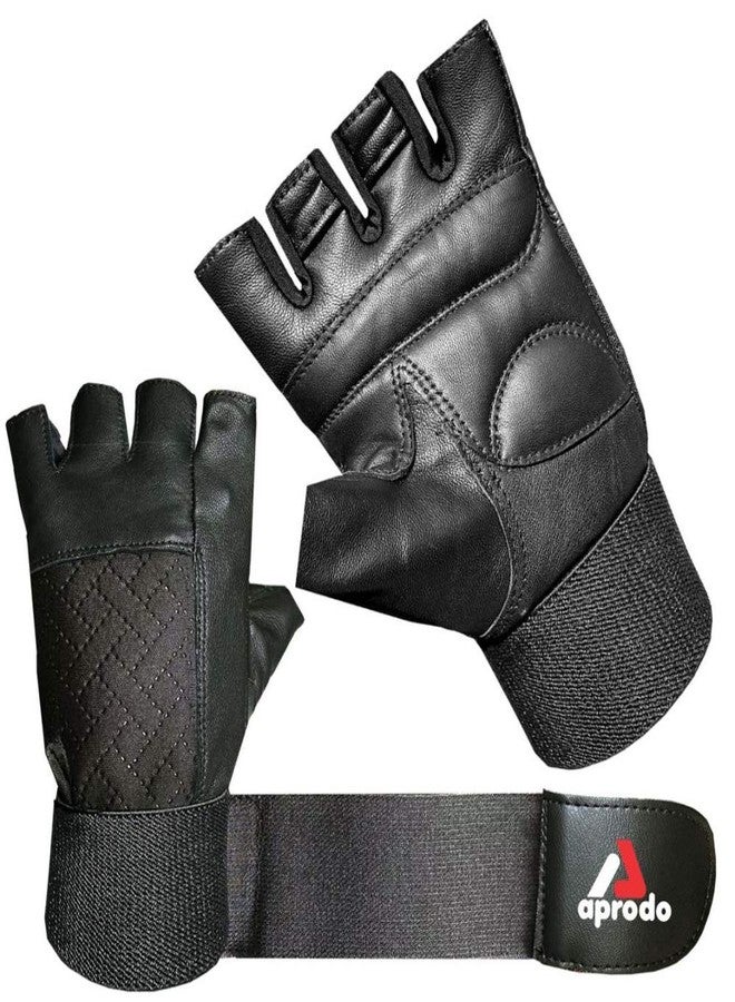 Aprodo Leather Weight Lifting Gloves for Men and Women, with Long Wrist Wrap & Padded Leather Palm (All Black, Large) - Image 2