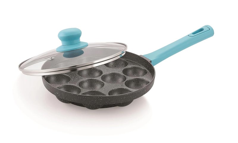 Sonu Neon 12 Cavity Paniyarkal Pan with Glass Lid NonStick Die Cast Turquoise Handle
