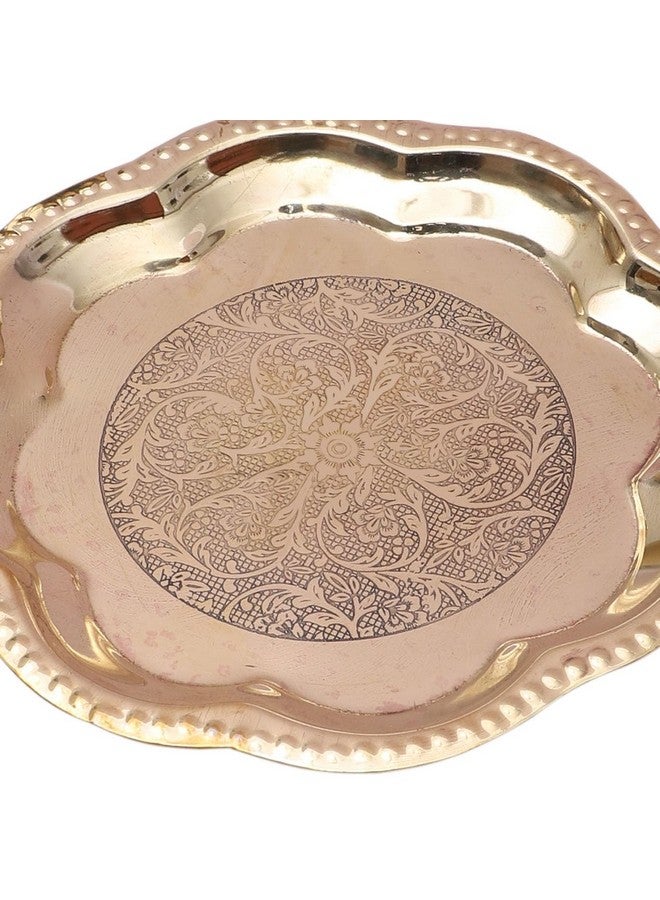 Two Moustaches 8 Inches Ethnic Carved Brass Puja Thali, Traditional Pooja Aarti Thali for Home Temple, Aarti Thali for Pooja, Brass Plate for Pooja, Gifts for Puja Ceremony, Golden, Pack of 1 - Image 3