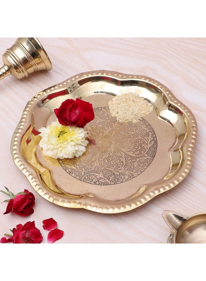 Two Moustaches 8 Inches Ethnic Carved Brass Puja Thali, Traditional Pooja Aarti Thali for Home Temple, Aarti Thali for Pooja, Brass Plate for Pooja, Gifts for Puja Ceremony, Golden, Pack of 1 - Image 1