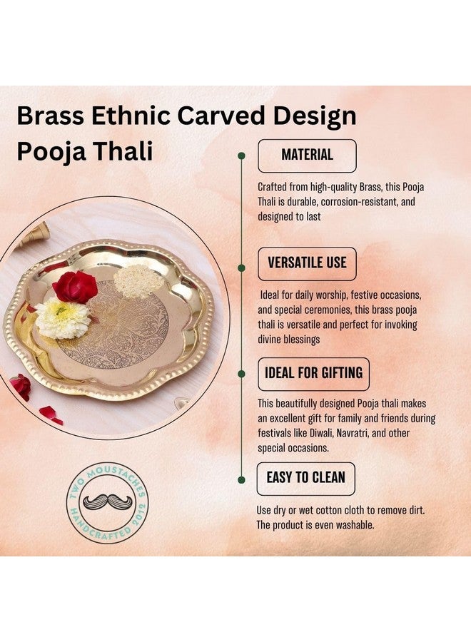 Two Moustaches 8 Inches Ethnic Carved Brass Puja Thali, Traditional Pooja Aarti Thali for Home Temple, Aarti Thali for Pooja, Brass Plate for Pooja, Gifts for Puja Ceremony, Golden, Pack of 1 - Image 5