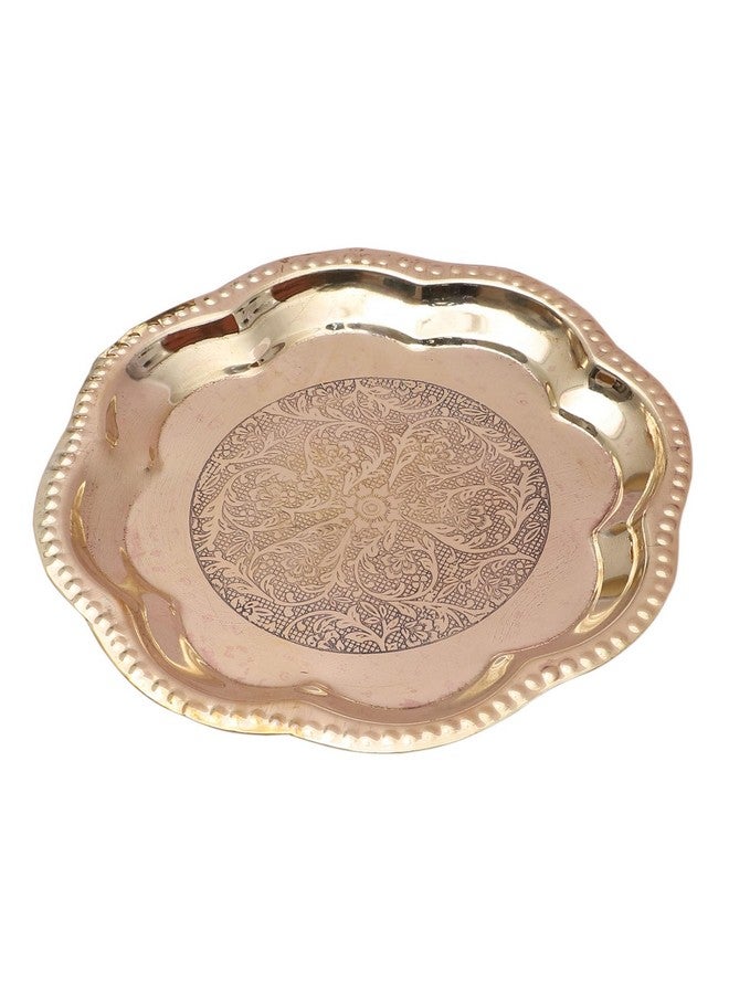 Two Moustaches 8 Inches Ethnic Carved Brass Puja Thali, Traditional Pooja Aarti Thali for Home Temple, Aarti Thali for Pooja, Brass Plate for Pooja, Gifts for Puja Ceremony, Golden, Pack of 1 - Image 2