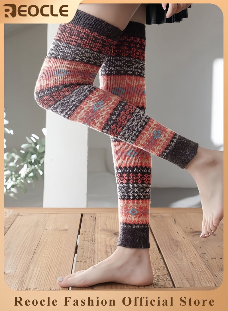 REOCLE 1Pair Leg Warmers for Women & Girls Winter Bohemian Long Leg Warmers Wool Knit Warmers Boot Cuffs Socks Non Slip Knee Socks - Image 1