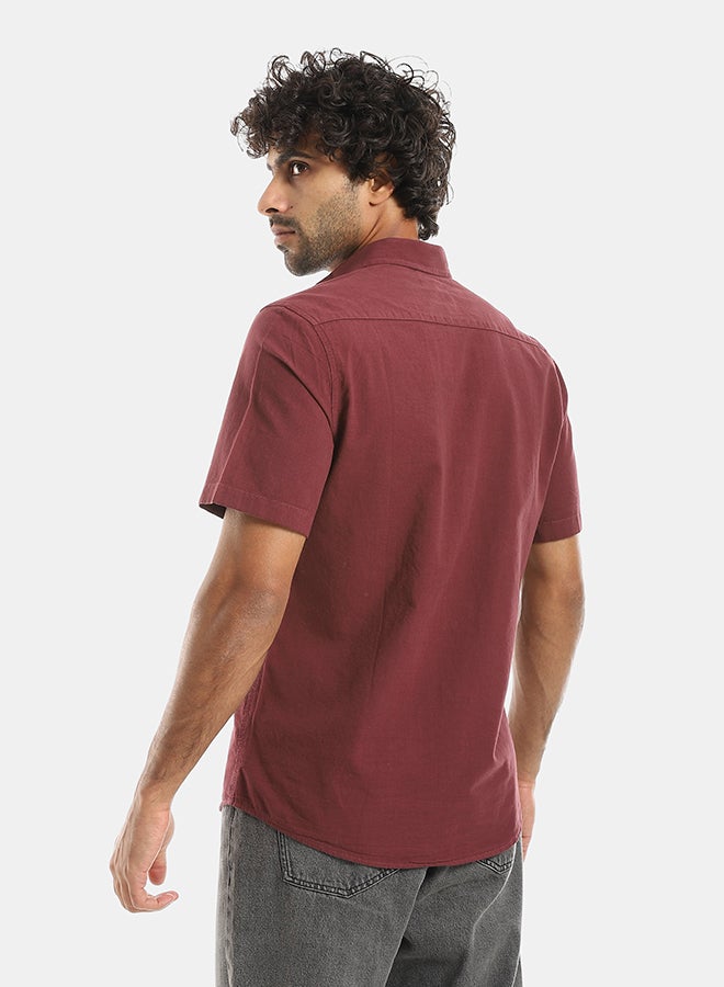 Andora Turned Down Collar Button Closure Long Sleeves Casual Shirt - Dark Red - Image 3