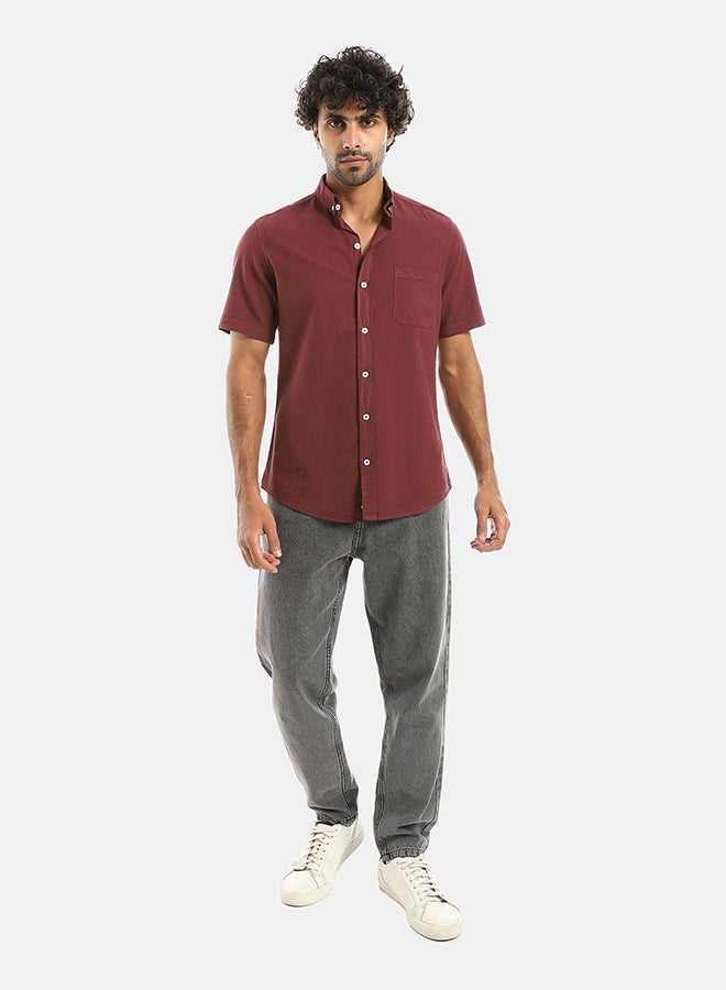 Andora Turned Down Collar Button Closure Long Sleeves Casual Shirt - Dark Red - Image 5