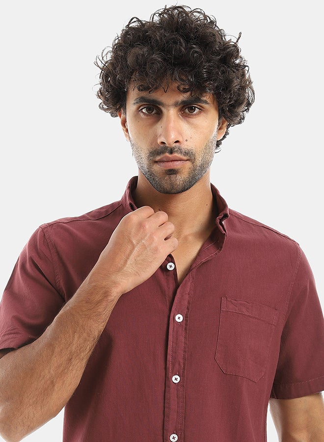Andora Turned Down Collar Button Closure Long Sleeves Casual Shirt - Dark Red - Image 4