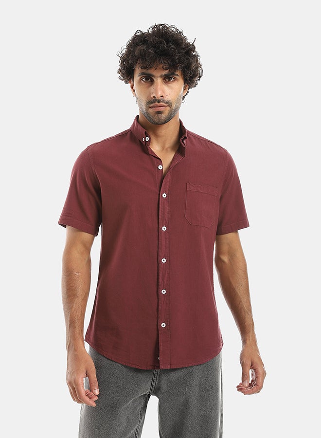 Andora Turned Down Collar Button Closure Long Sleeves Casual Shirt - Dark Red - Image 1