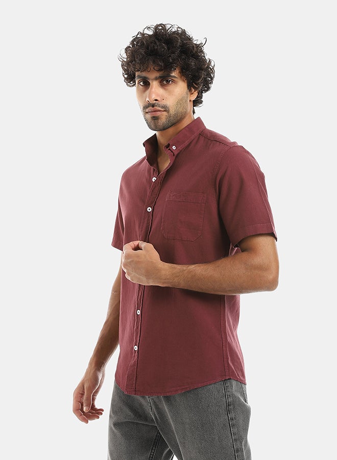 Andora Turned Down Collar Button Closure Long Sleeves Casual Shirt - Dark Red - Image 2