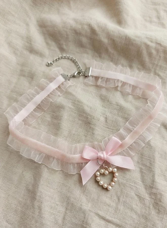 تايك تو Lace Bow Faux Pearl Heart Choker Necklace