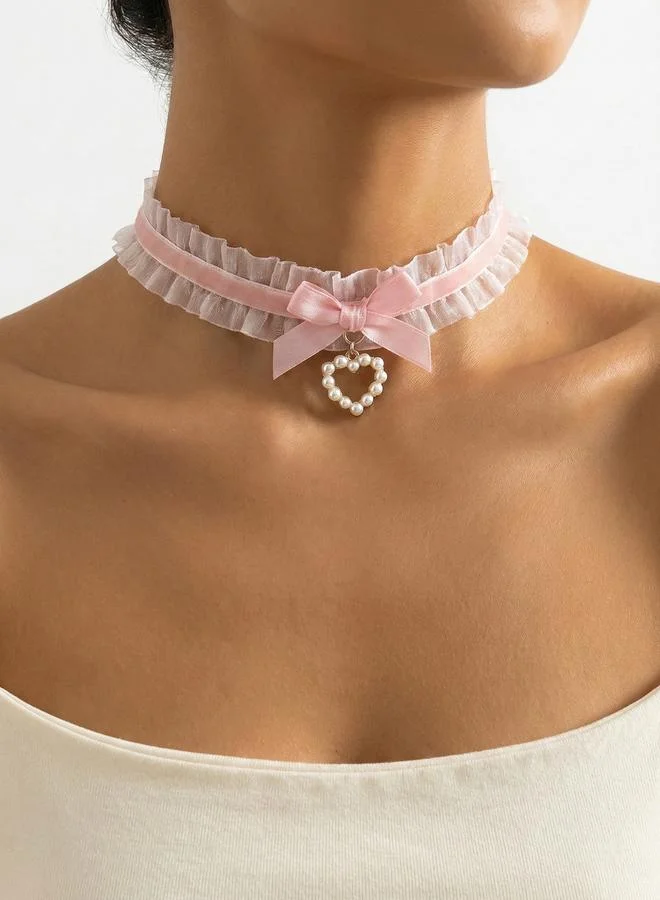 تايك تو Lace Bow Faux Pearl Heart Choker Necklace