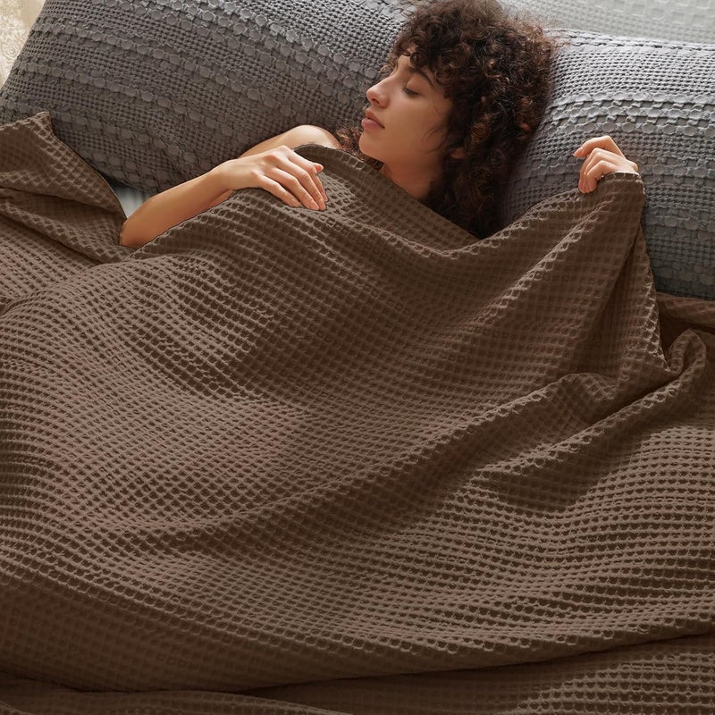 PHF Ultra Soft 400gsm Waffle Weave Blanket King Size (230cm x 264cm), Cozy Woven Blanket for Bed, Decor, Sofa, Cocoa Brown - Image 1