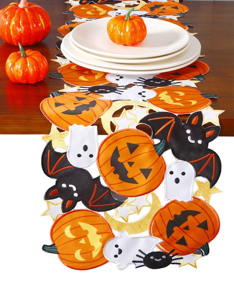Holiday Halloween Table Runner 13x54Cutwork Applique Embroidered Pumpkins and Bats Dresser Scarf for Home Dining Autumn Thanksgiving Tabletop Decoration Runner 13x54 Pumpkins