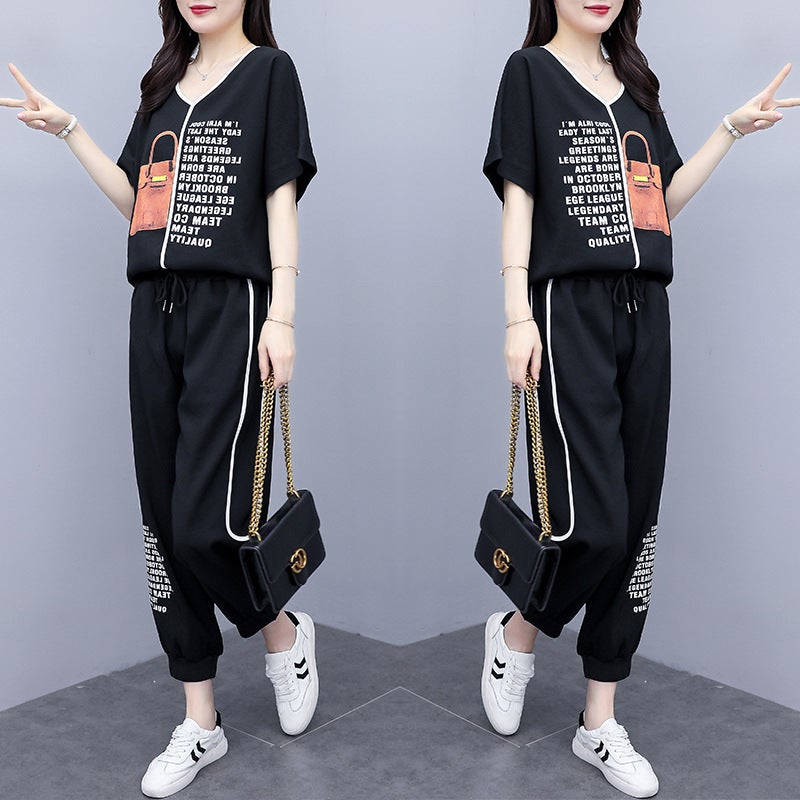 Salt Cool Wear Age-reducing Slimming Fried Street Suit Chubby Girl Sports Pants Summer Large Size Womens Fashion Casual Two-piece Suit Black  - Image 5