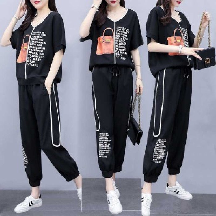 Salt Cool Wear Age-reducing Slimming Fried Street Suit Chubby Girl Sports Pants Summer Large Size Womens Fashion Casual Two-piece Suit Black  - Image 1