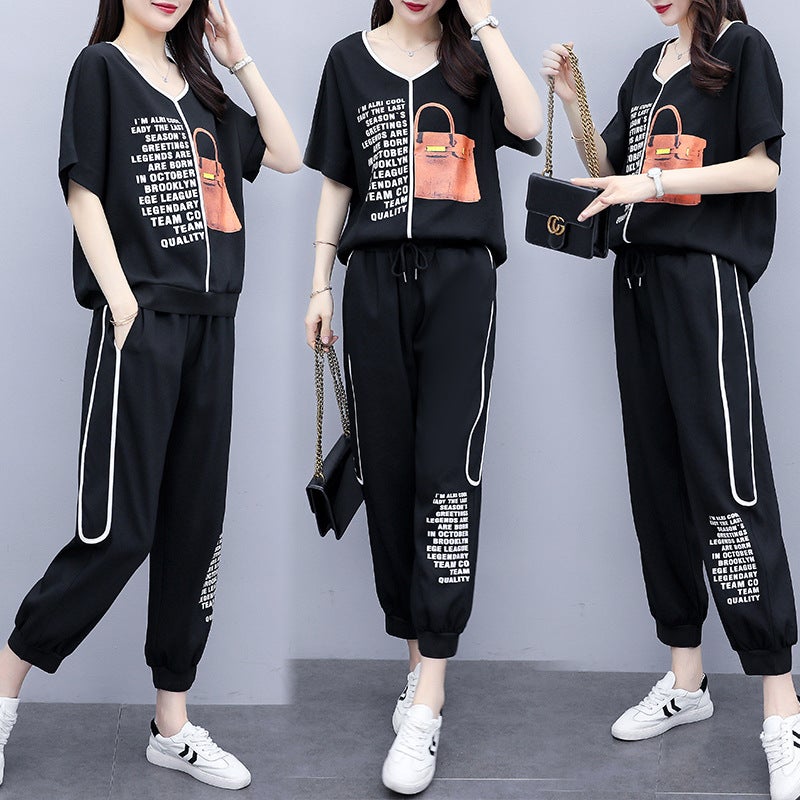 Salt Cool Wear Age-reducing Slimming Fried Street Suit Chubby Girl Sports Pants Summer Large Size Womens Fashion Casual Two-piece Suit Black  - Image 3
