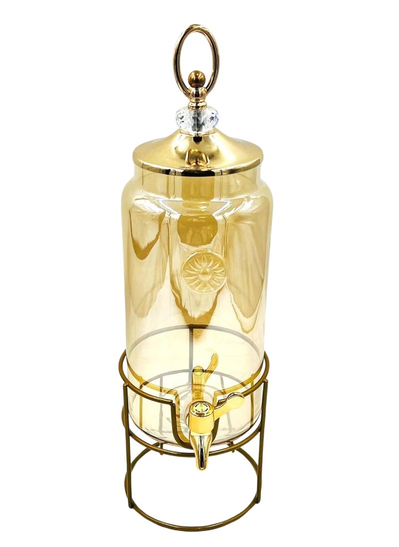 VIO 3L Glass Beverage Dispenser with Leak Free Spigot Ideal for Water Iced Tea Juice Wine and Cocktails Drink Dispenser with Stainless Steel Cover for Home Parties Gold Metal Stand Lid Easy to Clean  - Image 1
