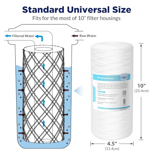 Membrane Solutions 5 Micron 10"x4.5" String Wound Whole House Water Filter Replacement Cartridge Universal Sediment Filters for Well Water - 4 Pack - Image 2