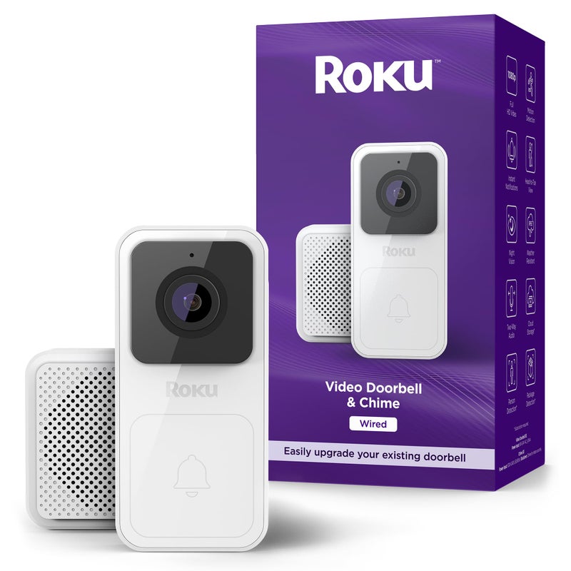 Roku Smart Home Wired Video Doorbell & Chime - 1080p HD Night Vision Ultrawide View Doorbell Camera with Motion & Sound Detection, 2-Way Audio & Works with Alexa & Google, 90-Day Subscription Included - Image 1