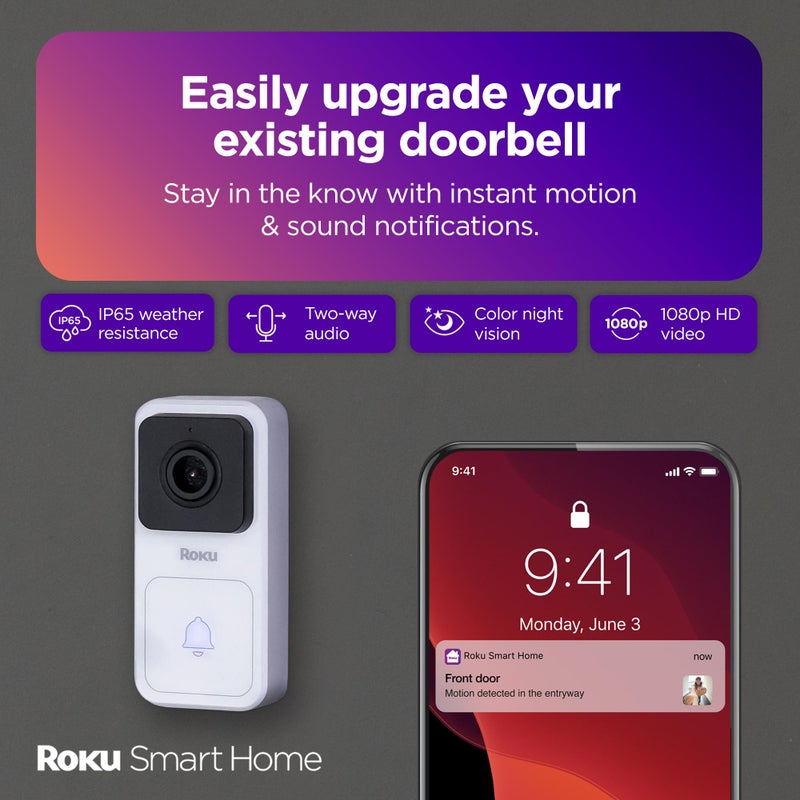 Roku Smart Home Wired Video Doorbell & Chime - 1080p HD Night Vision Ultrawide View Doorbell Camera with Motion & Sound Detection, 2-Way Audio & Works with Alexa & Google, 90-Day Subscription Included - Image 2