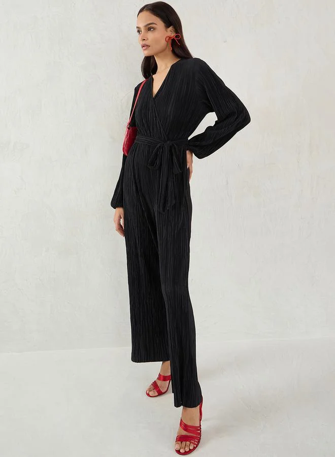 Femmella Femmella Solid Pleated Wrap Look Straight Leg Jumpsuit