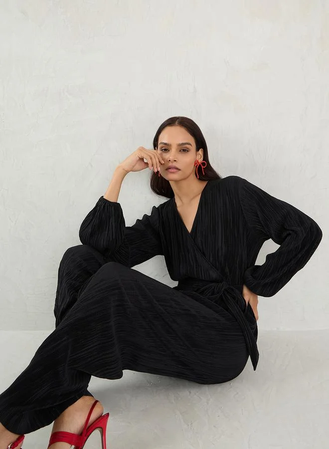 Femmella Femmella Solid Pleated Wrap Look Straight Leg Jumpsuit