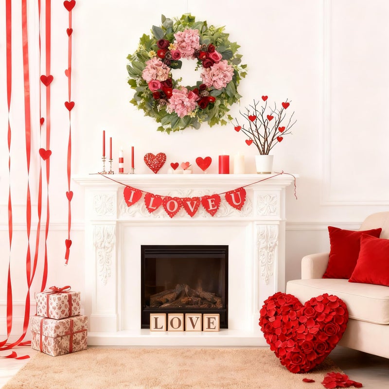 HipTree 24 Inch Valentines Day Spring Wreath Decorations for Front Door,Handmade Pink Red Silk Hydrangeas & Roses Floral Wreath for Mothers Day,Indoor Outdoor and Wall Decor - Image 5