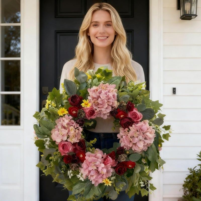 HipTree 24 Inch Valentines Day Spring Wreath Decorations for Front Door,Handmade Pink Red Silk Hydrangeas & Roses Floral Wreath for Mothers Day,Indoor Outdoor and Wall Decor - Image 3