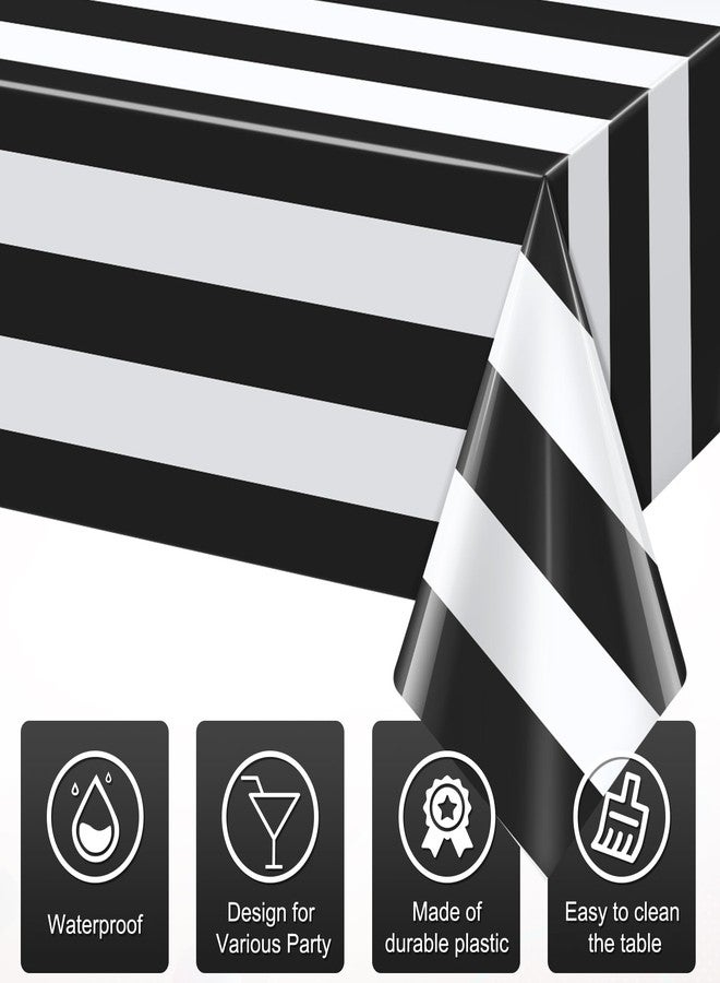 Hallswl 3pcs 54x108Inch Black and White Horizontal Striped Table Cloth Classic Black Stripe Tablecloths Disposable Plastic Stripe Waterproof Table Covers for Picnic Halloween Party - Image 3