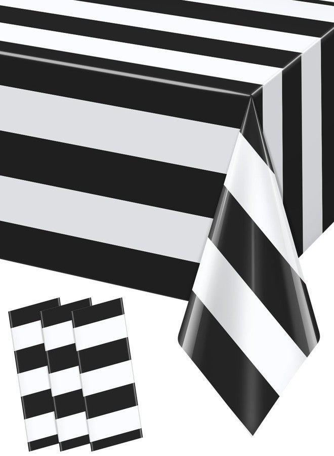 Hallswl 3pcs 54x108Inch Black and White Horizontal Striped Table Cloth Classic Black Stripe Tablecloths Disposable Plastic Stripe Waterproof Table Covers for Picnic Halloween Party - Image 1