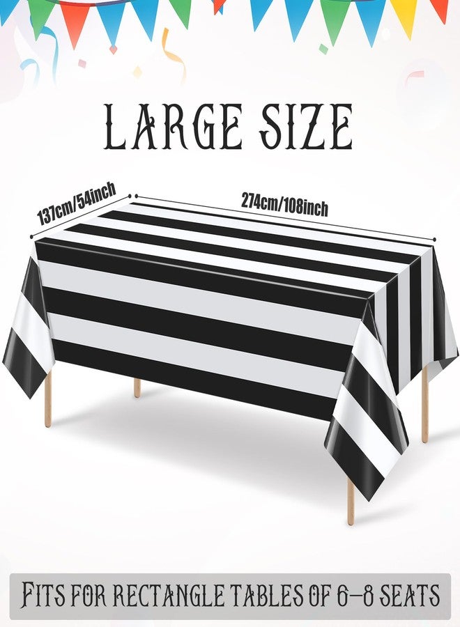 Hallswl 3pcs 54x108Inch Black and White Horizontal Striped Table Cloth Classic Black Stripe Tablecloths Disposable Plastic Stripe Waterproof Table Covers for Picnic Halloween Party - Image 2