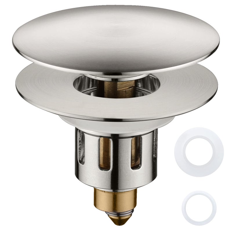 TIORIY Universal Bathroom Sink Stopper  Upgraded Wash Basin Bounce Core Push Type Drain Filter for1 181 14 Standard Drain Holes Pop Up Sink Drain Plug Brushed Nickel