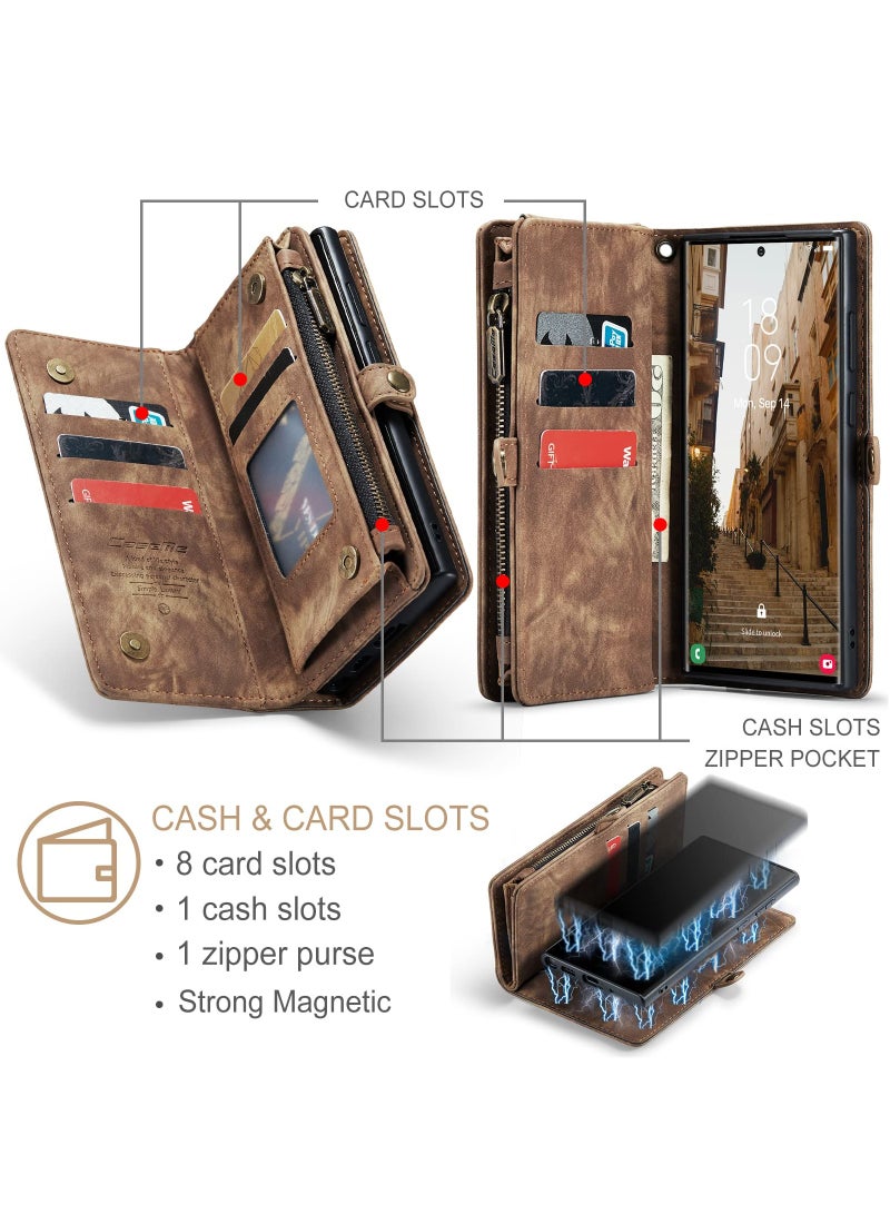 CaseMe For Samsung Galaxy S23 Ultra Wallet Case, Zipper Purse Folio Leather Wallet with Card Holder Wrist Strap, 2-in-1 Detachable Magnetic Shockproof Full Body Protective Back Cover (Black) - Image 3