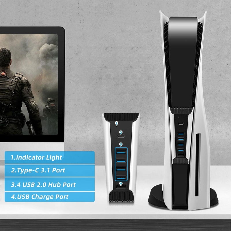 مكبازل محور تحكم PS5 من ، USB 2.0، 5 منافذ، محور توسعة متعدد المنافذ عالي السرعة لنقل البيانات، محور شحن سريع USB C لـ PS5 Digital/UHD Edition - أسود (غير مناسب لـ PS5 Slim/Pro) - Image 2