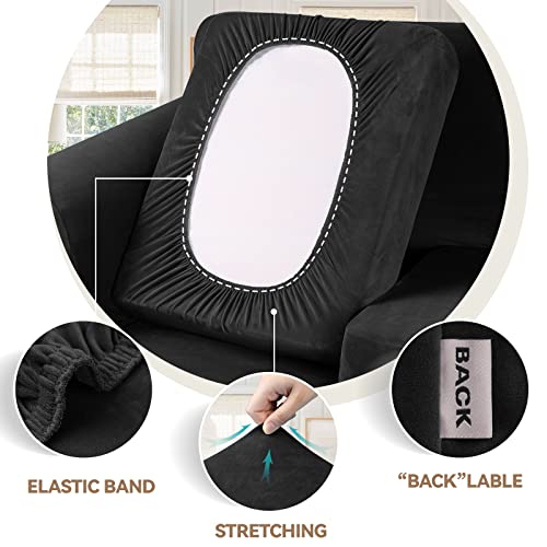 WEERRW 4 Pieces Velvet High Stretch Couch Covers for 3 Cushion Couch Sofa Slipcovers, Washable Furniture Protector with Non Slip Elastic Bottom, Feature Soft and Thick Plush Fabric, Black, Large - Image 3