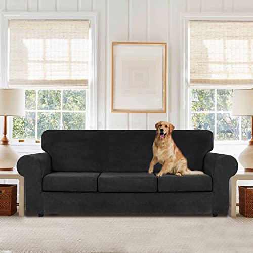 WEERRW 4 Pieces Velvet High Stretch Couch Covers for 3 Cushion Couch Sofa Slipcovers, Washable Furniture Protector with Non Slip Elastic Bottom, Feature Soft and Thick Plush Fabric, Black, Large - Image 2