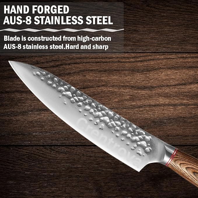 CRENTROVA Professional Chef Knife –8 Inch Japanese Style Kitchen Knife with Hammered Stainless Steel Blade & Wood Handle–Ultra Sharp Multipurpose for Meat,Vegetables & More (Dot Knife) - Image 2