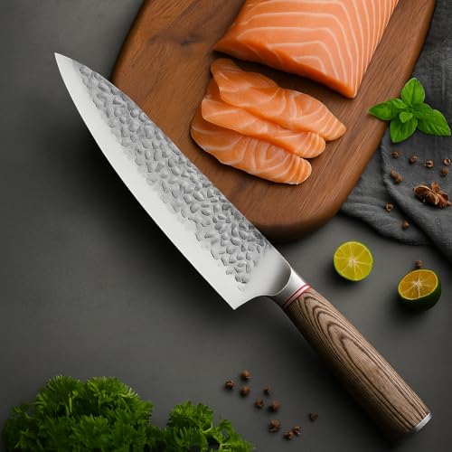 CRENTROVA Professional Chef Knife –8 Inch Japanese Style Kitchen Knife with Hammered Stainless Steel Blade & Wood Handle–Ultra Sharp Multipurpose for Meat,Vegetables & More (Dot Knife) - Image 1
