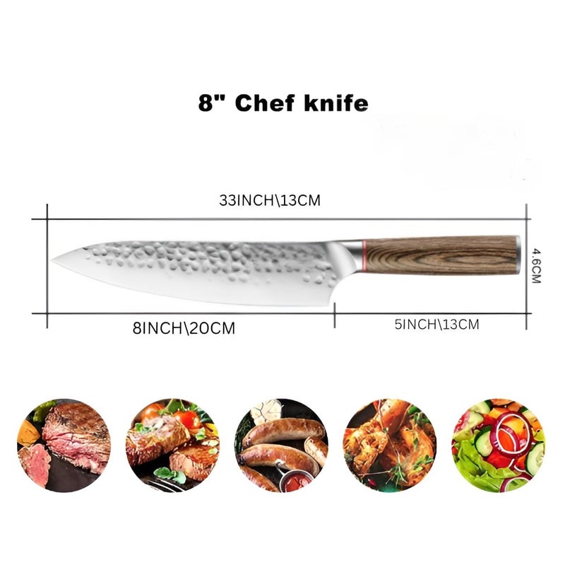 CRENTROVA Professional Chef Knife –8 Inch Japanese Style Kitchen Knife with Hammered Stainless Steel Blade & Wood Handle–Ultra Sharp Multipurpose for Meat,Vegetables & More (Dot Knife) - Image 5