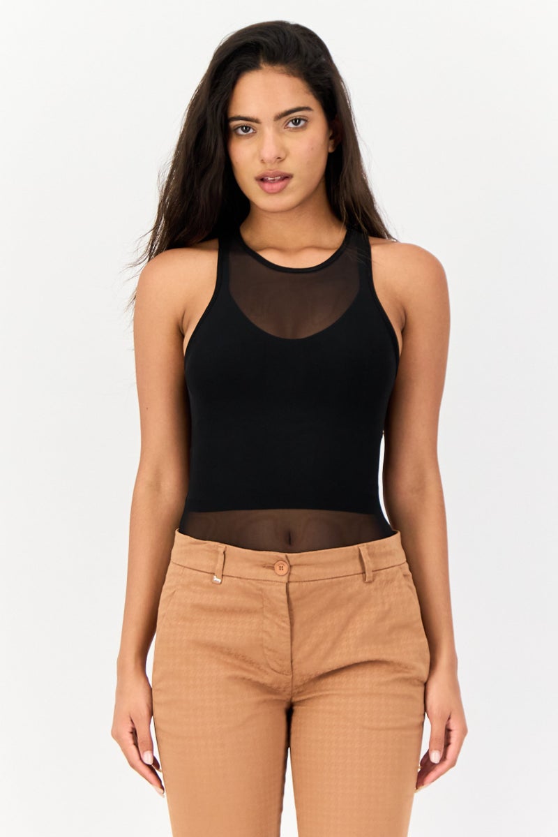 Bershka Women Textured Sleeveless Bodysuit, Black  - Image 1
