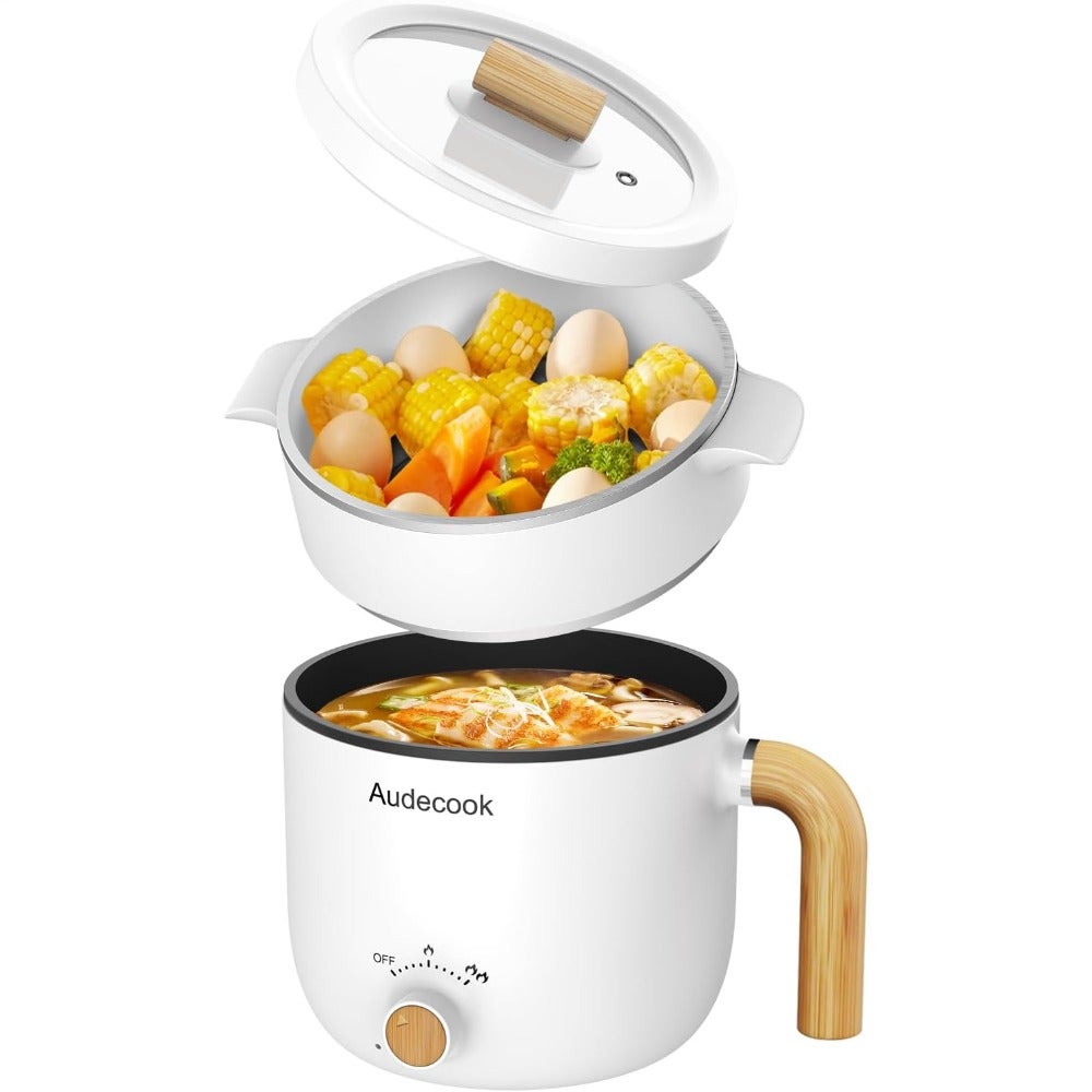 Electric hot pot with steamer for home cooking, aluminum alloy body, black color, non-stick coating and rapid heating