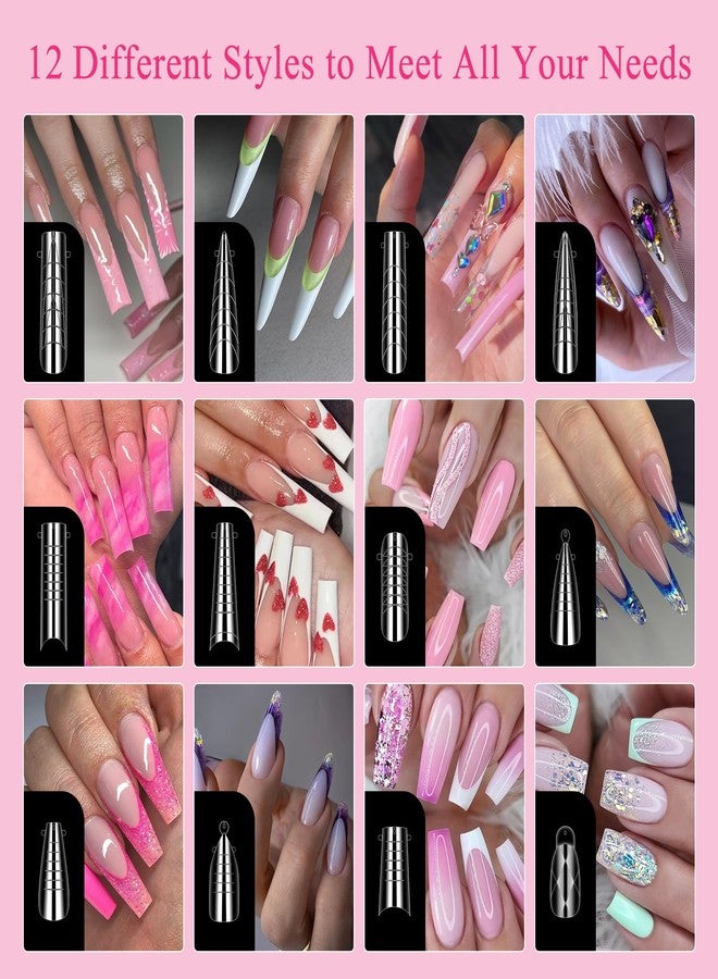 BOMOQING Nail Double Shapes for Poly Gel Set, 12 Styles, 12 Sizes, Nail Shape Extension Shapes, 144 Pieces Full Cover Artificial Nail Tips, Duet System with 5 Nail Clips, Nail Brush - Image 3