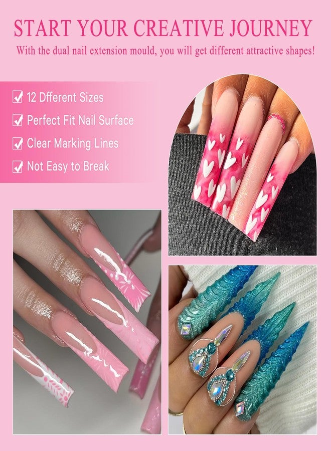 BOMOQING Nail Double Shapes for Poly Gel Set, 12 Styles, 12 Sizes, Nail Shape Extension Shapes, 144 Pieces Full Cover Artificial Nail Tips, Duet System with 5 Nail Clips, Nail Brush - Image 2