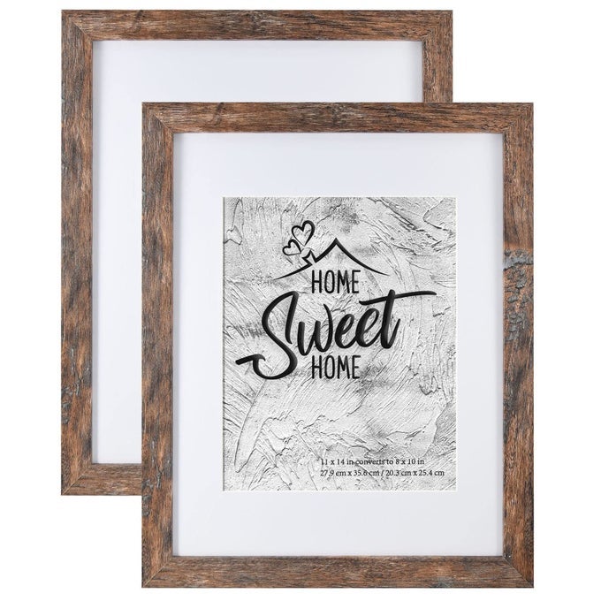 RUSTIC BROWN 11X14 PICTURE FRAME DISPLAY PHOTOS 8X10 WITH MAT OR 11X14 WITHOUT MAT REAL GLASS INSIDE SET OF 2