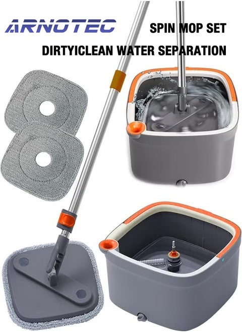 Uniface Spin Mop and Bucket Set, Large Flat Floor Mop with Self Wringer and Bucket System, Cleaning Mop Tools with 2 Reusable Microfiber Pads for Home