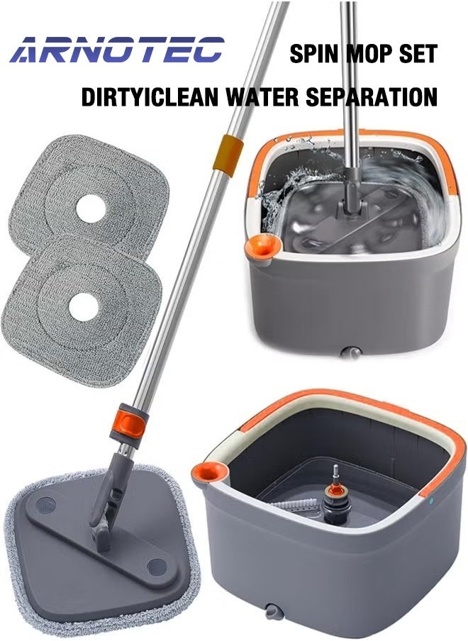 Uniface Spin Mop and Bucket Set, Large Flat Floor Mop with Self Wringer and Bucket System, Cleaning Mop Tools with 2 Reusable Microfiber Pads for Home