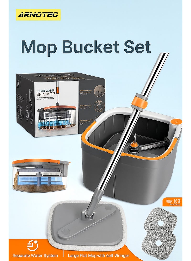 ARNOTEC Spin Mop and Bucket Set with Separate Water System – Large Flat Mop with Self-Wringer, 2 Reusable Microfiber Pads, 360° Rotating Mop Head, Efficient Cleaning for Floors, Walls, and Hard-to-Reach Areas - Image 1