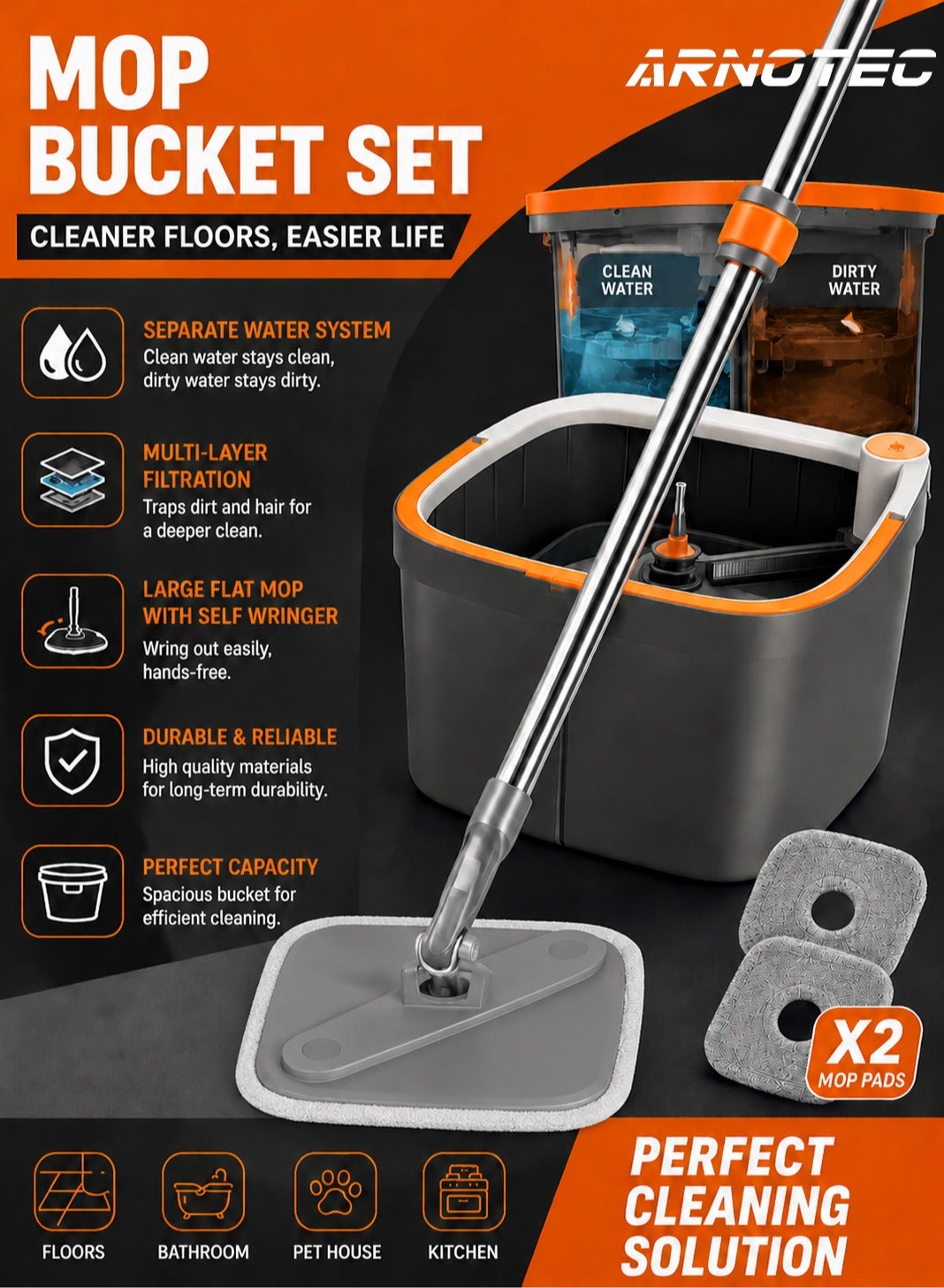 Spin Mop and Bucket Set with Separate Water System – Large Flat Mop with Self-Wringer, 2 Reusable Microfiber Pads, 360° Rotating Mop Head, Efficient Cleaning for Floors, Walls, and Hard-to-Reach Areas
