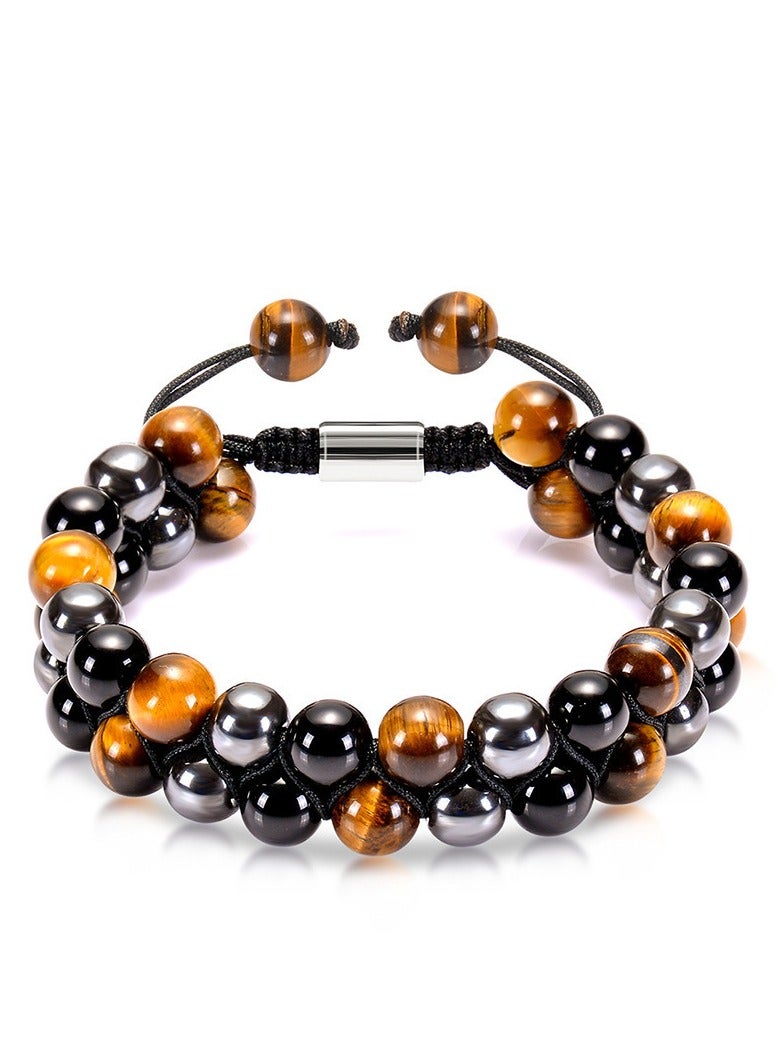 عام سوار سبج أسود، سوار جمجمة، أساور مطرزة بالتورمالين، 8 مم من حجر العقيق الأسود الهيماتيت الحمم البركانية سوار حماية ثلاثي للرجال والنساء هدايا