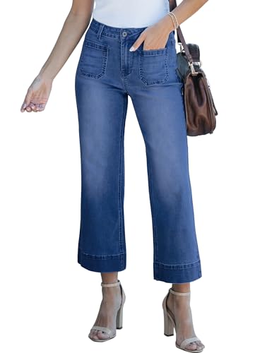 luvamia Wide Leg Jeans for Women Trendy High Waisted Flare Jeans Cropped Denim Pants Stretchy Baggy with Patch Pockets Womens Stretchy Jeans for Women Darkness Blue Size Xx-Large Size 20 Size 22 - Image 1